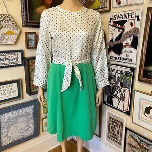 70s Vintage Lane Bryant Green & White Polka Dot Dress With Tie Waist